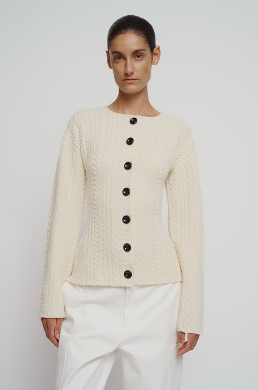 Cable knit corseted cardigan