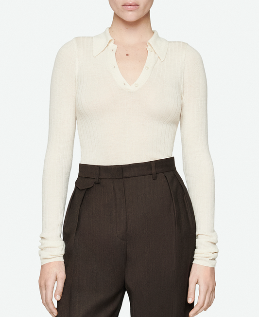 Cream Silk and Cashmere Ribbed Polo