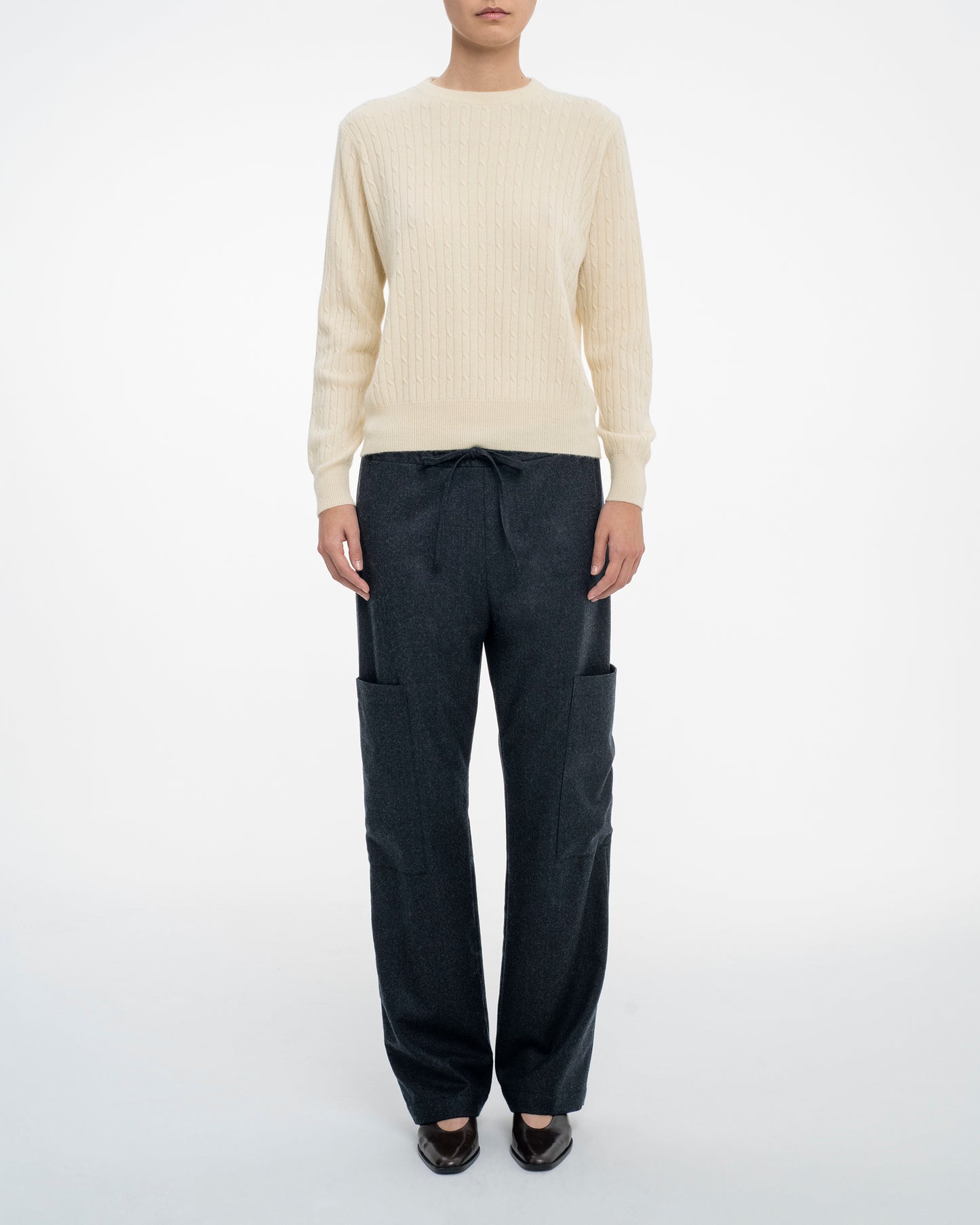 Drawstring Wool Flannel Cargo Pants in Dark Grey