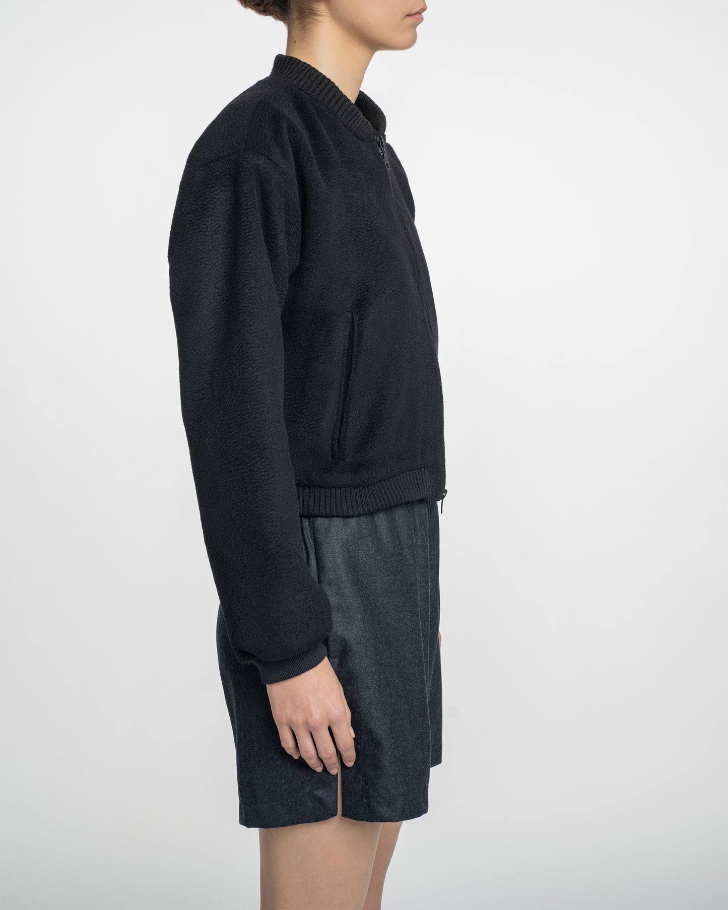 Mini Bomber Jacket in Black Camel Short Hair Drape