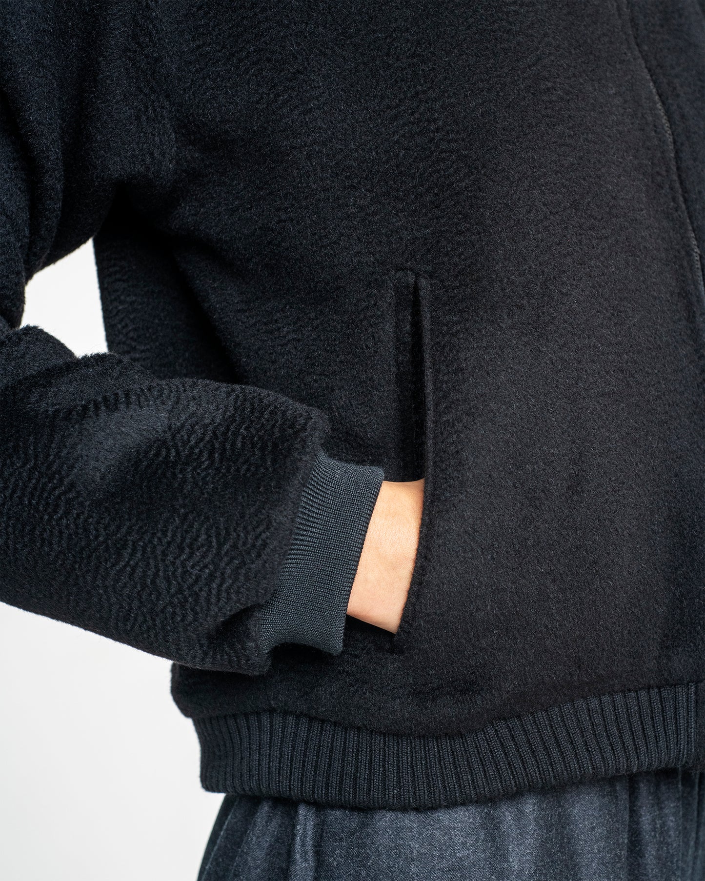 Mini Bomber Jacket in Black Camel Short Hair Drape