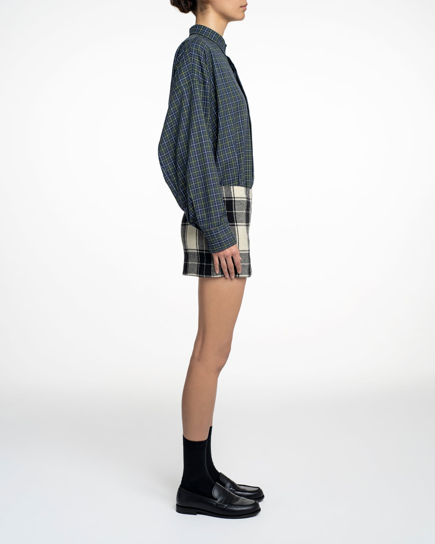 Wool Drape Tartan Micro Skirt in Black and White