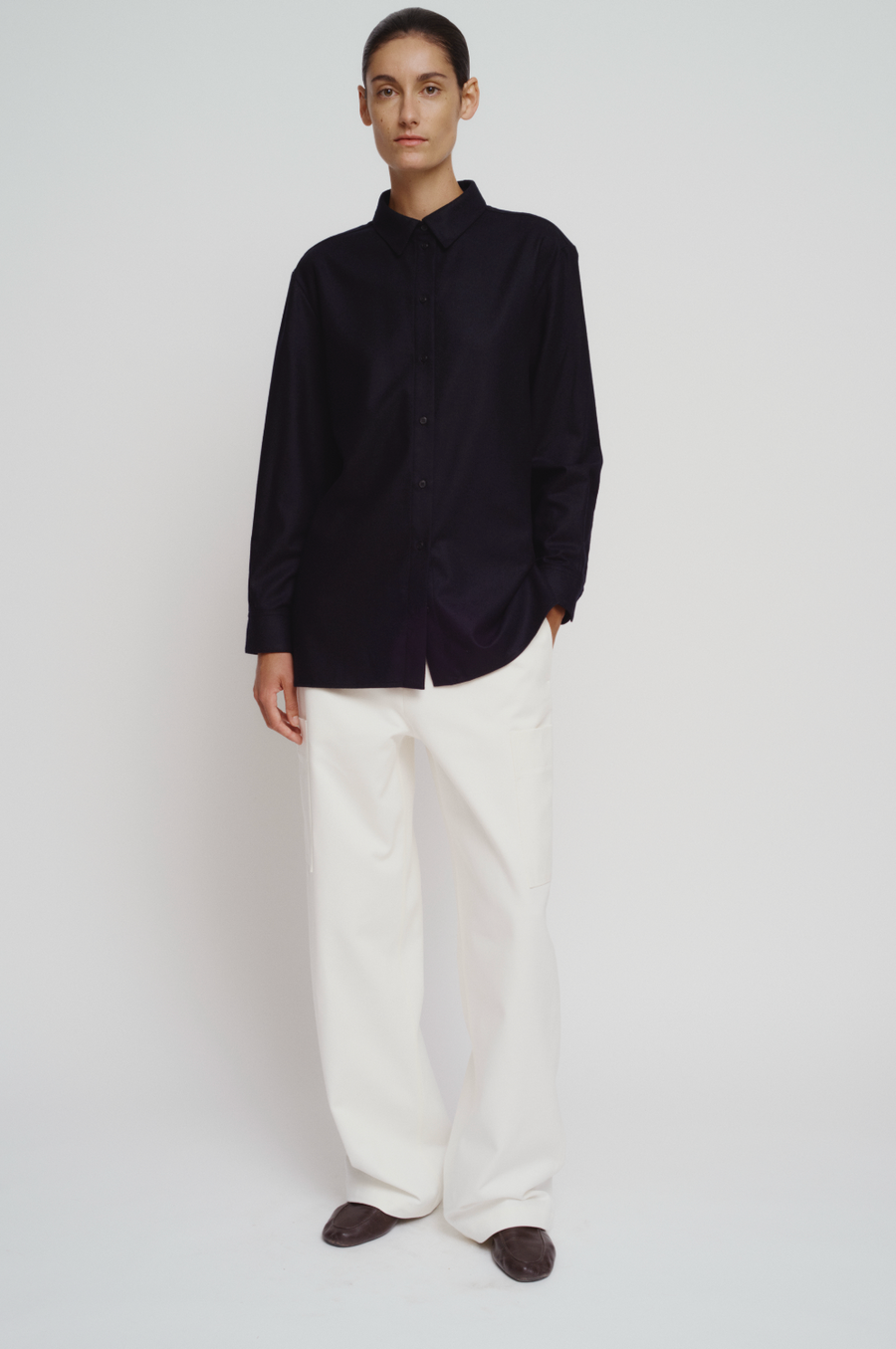 Straight long wool flannel shirt
