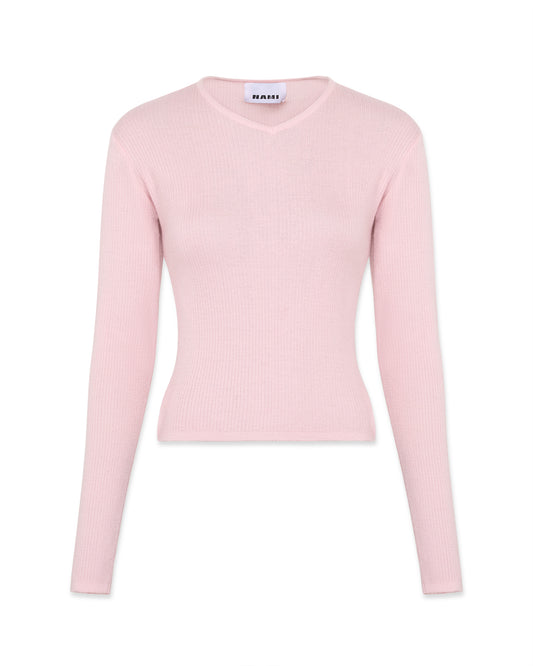 Second-skin long sleeve v-neck top in pale pink