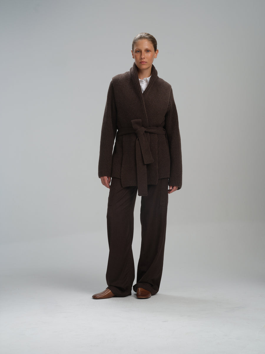Shawl Cardigan Tucker in Brown wool