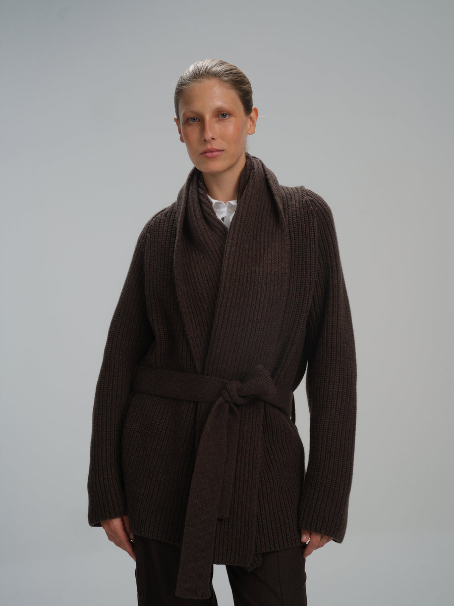 Shawl Cardigan Tucker in Brown wool