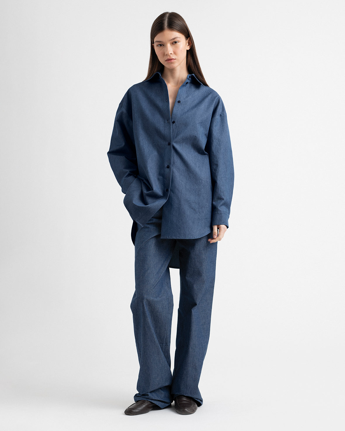 Chambray cotton five pocket pants