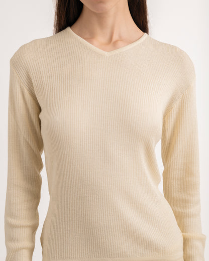 Second-skin long sleeve v-neck top in butter yellow