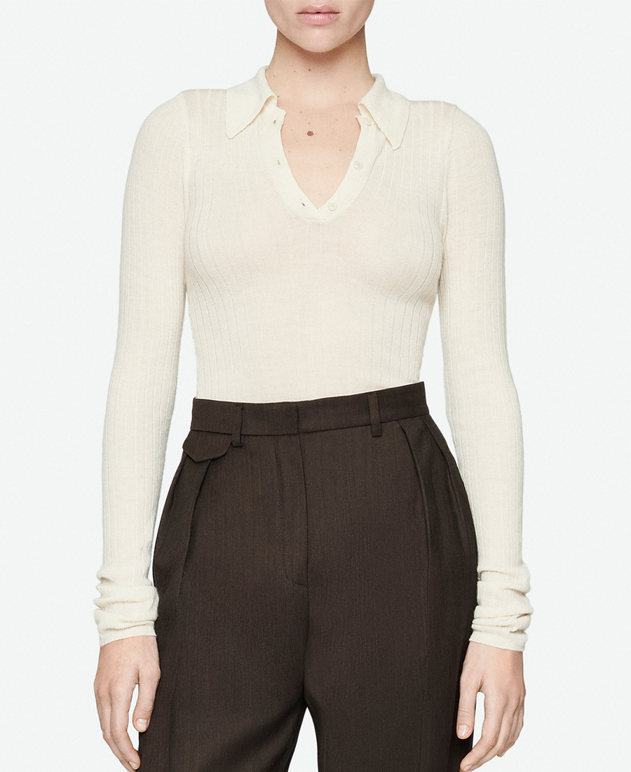Cream Silk and Cashmere Ribbed Polo
