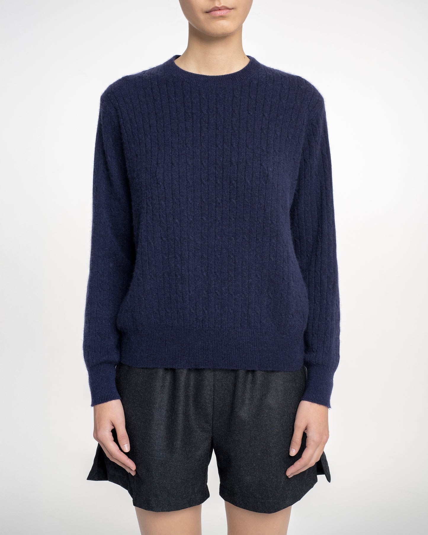 Lightweight Fitted Cashmere Cable Knit Jumper in Deep Blue