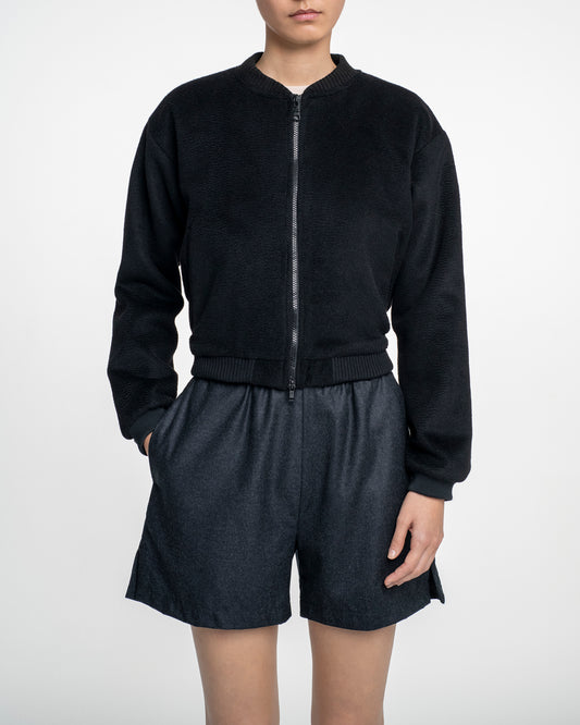 Mini Bomber Jacket in Black Camel Short Hair Drape