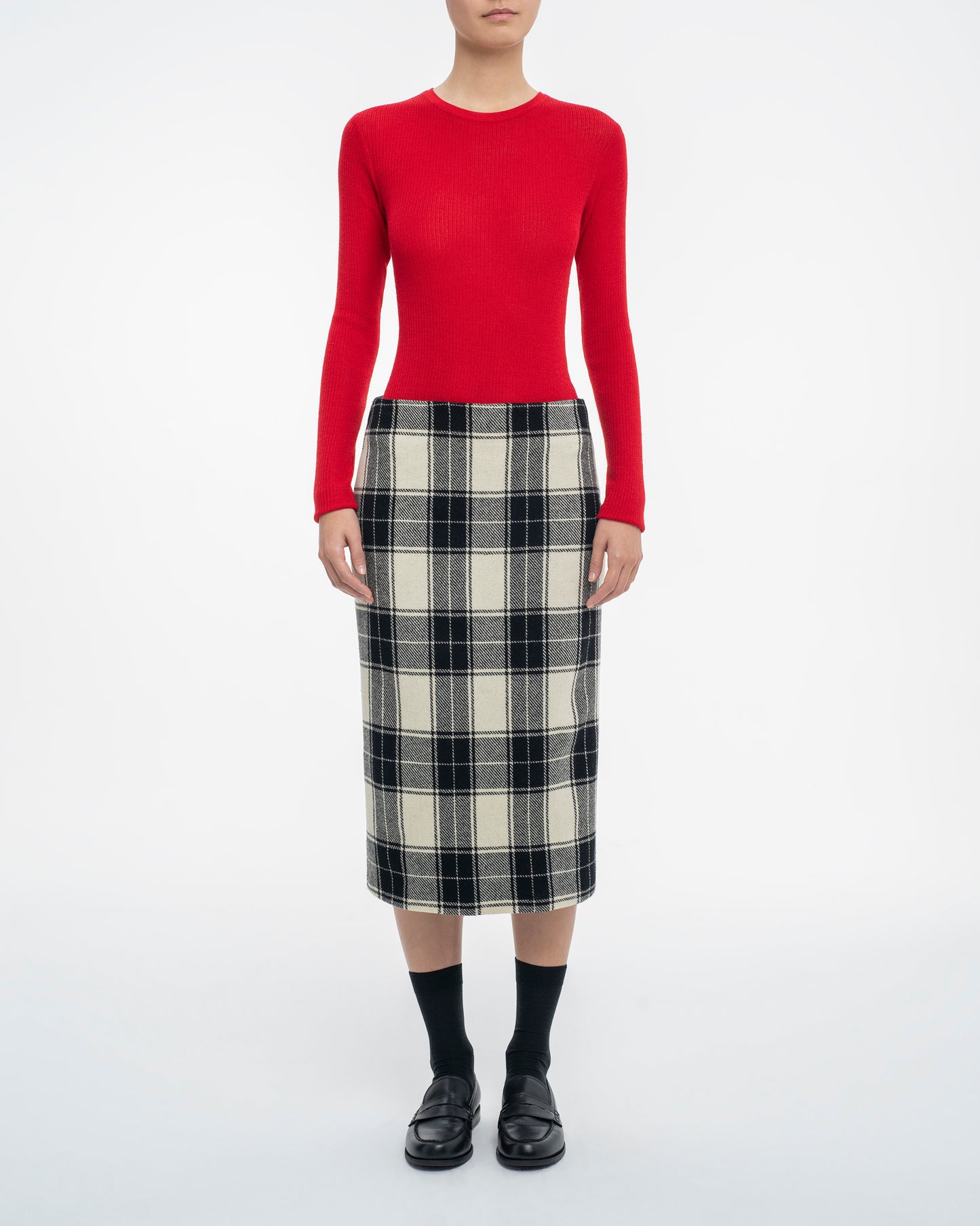 Wool Drape Tartan Pencil Skirt in Black and White