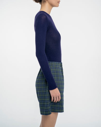 Second-Skin Ribbed Silk and Cashmere Long-Sleeve Top in Deep Navy